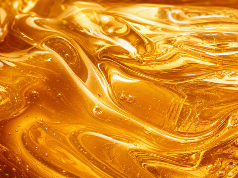 Golden honey texture background, thick amber liquid swirls with air bubbles, viscous organic syrup macro shot for food and cosmetic packaging