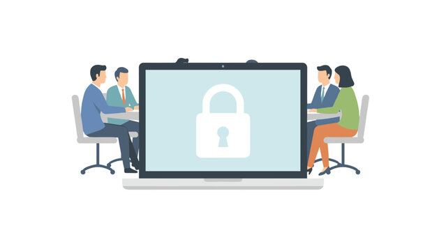 Business meeting silhouette behind laptop screen with white padlock icon illustrates secure corporate communication and confidential data handling.