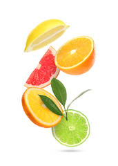 Obraz premium Different cut citrus fruits and green leaves falling on white background