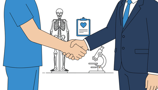 Doctor in scrubs shaking hands with businessman in suit near skeleton model and microscope for medical research partnership agreement.