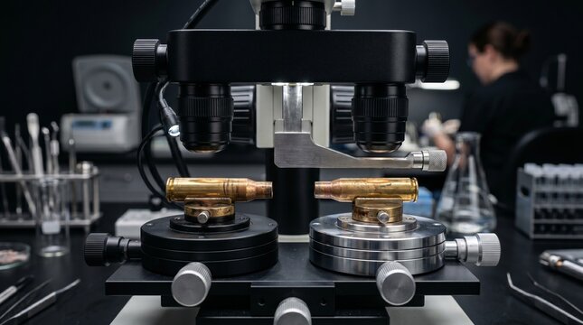 Forensic Comparison Microscope Analyzing Bullet Casings in a Modern Crime Lab for Ballistic Evidence Investigation and Scientific Research with Professional Laboratory Background