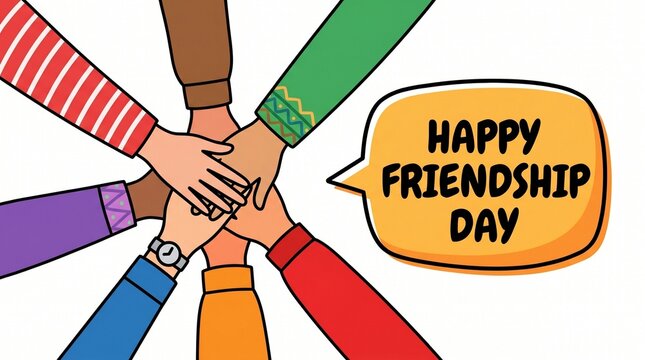 Happy Friendship Day greeting, diverse group of friends stacking hands, multicultural community and unity concept