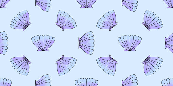 Seamless Seashell pattern, repeat Shell. Marinelife design. Nautical print. Coastal decorative Background for textile, wallpaper, packaging. Marine wrapping paper. Vacation summer Vector illustration