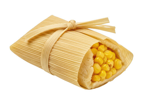 Golden corn kernels wrapped in a banana leaf