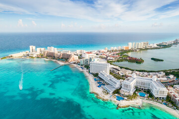 Fototapeta premium Aerial panoramic view of Cancun beach and city hotel zone in Mexico. Caribbean coast landscape