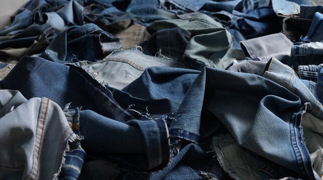 Pile of denim fabric scraps. Recycling and Sustainability, Fashion Industry Production, Upcycling and Handmade, Environmental