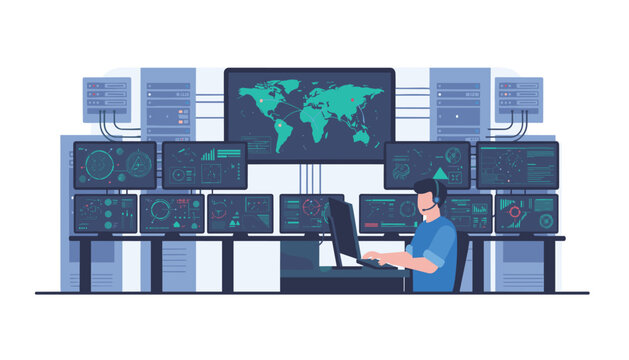 IT security specialist monitoring global network traffic on multiple digital screens while wearing a headset in a server room environment.