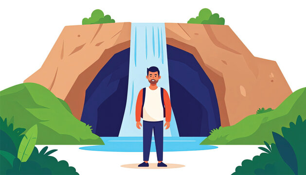 Man standing in front waterfall outdoors.