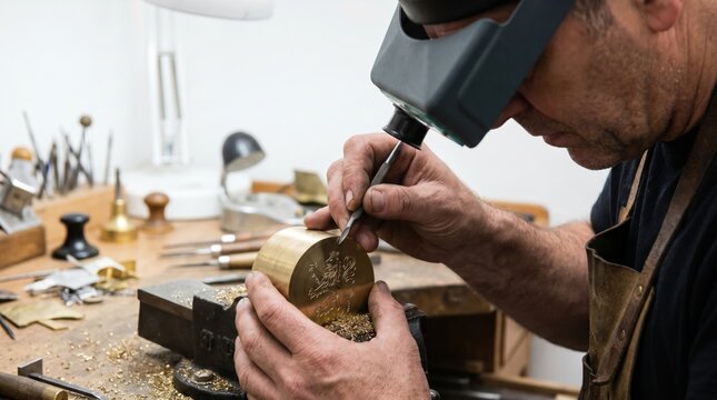Engraver using a burin under a magnifying visor to carve a lion design into a brass metal cylinder