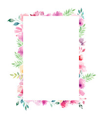 Fototapeta premium Rectangular frame postcard with watercolor flowers . Hand drawn. Not AI, vector illustration.