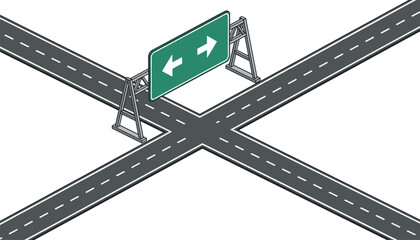Fototapeta premium Road intersection with a green metal sign showing white left and right arrows mounted on a metal frame structure.