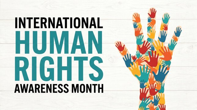 International Human Rights Awareness Month banner, colorful hand mosaic, social justice and equality concept