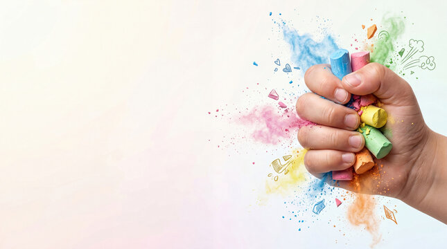 Child hand crushing colorful chalks with bright dust explosion on white background banner