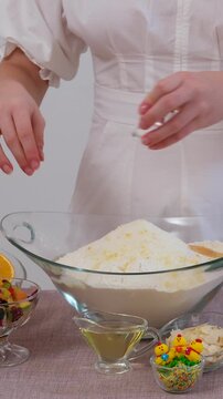 step by step recipe Christmas Easter bread Panettone krafin preparing soft layered Easter cruffin dough dried fruits, orange zest, poppy seeds and butter during homemade sweet bread baking process