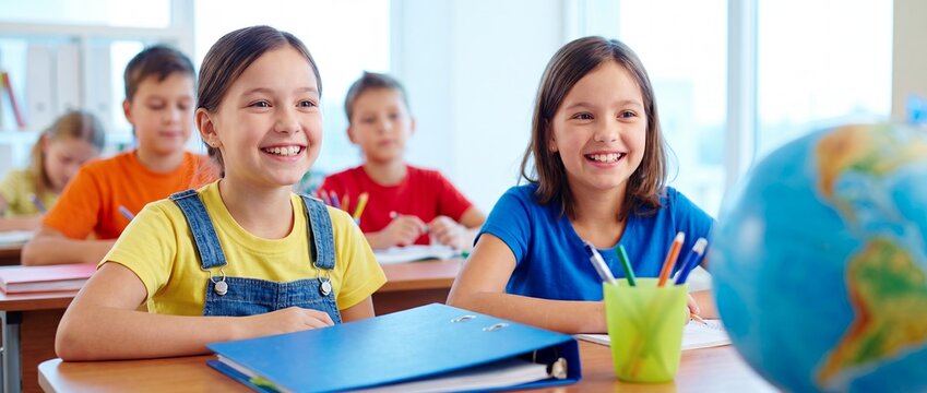 Concept of primary education and friendship showing two happy girls smiling at desk in classroom.