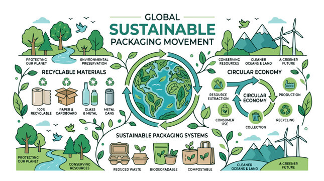 Global Sustainable Packaging Movement Infographic with Eco Friendly Concepts and Recyclable Materials.