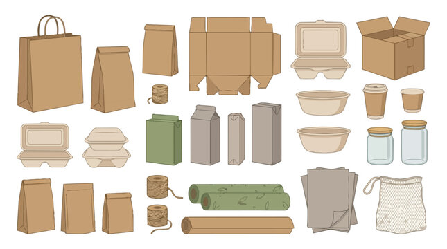 Comprehensive collection of eco friendly and sustainable packaging materials in flat vector style.