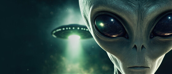Fototapeta premium Extraterrestrial being with large black eyes looking at camera. Flying saucer hovering in dark night sky. Banner with copy space