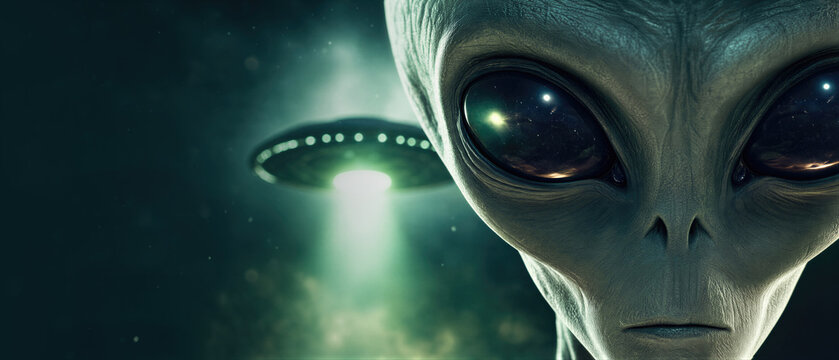 Extraterrestrial being with large black eyes looking at camera. Flying saucer hovering in dark night sky. Banner with copy space