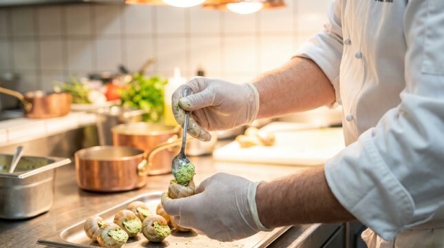 Chef wearing white gloves using a spoon to carefully stuff snail shells with bright green garlic herb butter