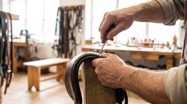 Leatherworker using an awl to pierce thick dark leather while hand stitching a heavy equestrian saddle piece