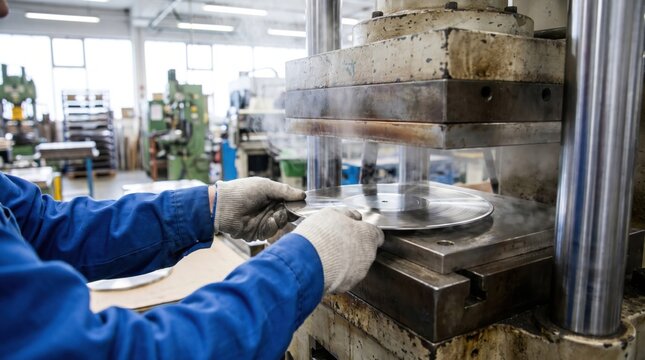 Factory worker in blue uniform placing a silver stamper matrix into a heavy hydraulic vinyl record press