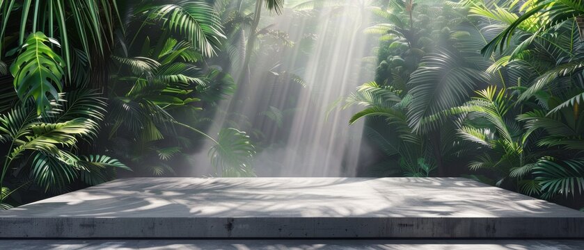  Leeres Betonpodest im &uuml;ppigen tropischen Dschungel mit dramatischen Sonnenstrahlen. Natur-Hintergrund f&uuml;r Produkt- oder Auto-Mockups