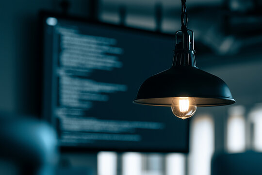Glowing Vintage Light Bulb in Focus with Blurred Computer Programming Code on Monitor Background.
