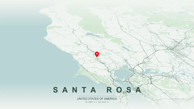 Minimalist vector map of Santa Rosa, California, USA. High-quality scalable illustration of Santa Rosa Wine Country city grid, Spring Lake park, U.S. Route 101 Redwood Highway for posters design. 