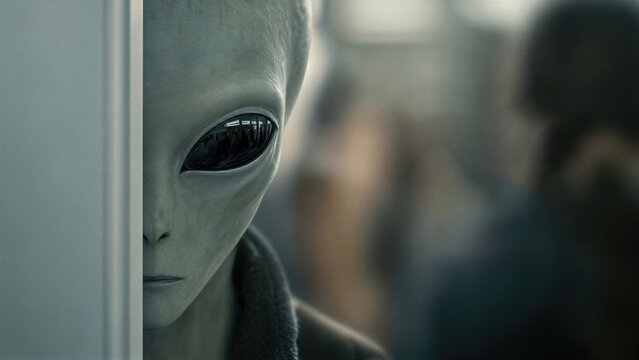 Grey alien peering from behind wall in dark room. Extraterrestrial being spying on human. Sci-fi mystery and supernatural concept for World UFO Day. Contact with alien civilization.