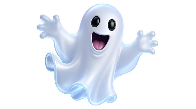 Cute, stylized cartoon ghost with wide smile and open arms, isolated on transparent background, perfect for Halloween and spooky themes.