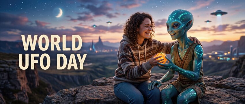 Woman sitting on cliff with alien during World UFO Day. Creative conceptual scene featuring extraterrestrial interaction. Banner with copy space