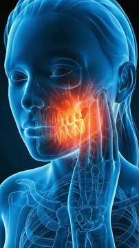 Human body illustrations depicting toothaches and temporomandibular joint disorder pain (3D, skeleton, teeth, medical, health, CG)