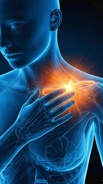 Illustration of a person complaining of collarbone and shoulder pain (3D, human body, skeleton, muscles, medical, health, CG)