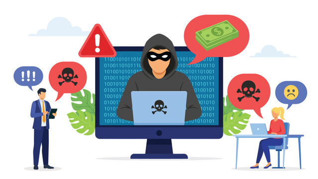 Hacker on computer screen with cybersecurity threats