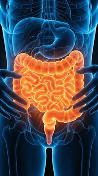 Medical 3D animation depicting intestinal and lower abdominal pain