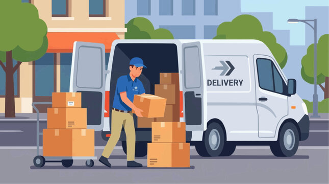 2D Flat Vector Delivery man loading boxes into a white van on a city street with buildings and trees