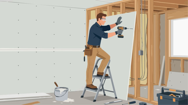 2D Flat Vector Construction worker installing drywall on a ladder with a drill and tools
