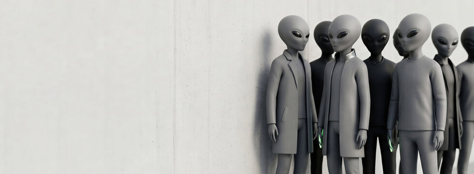 Group of extraterrestrial standing against white wall. Aliens dressed in modern clothing for World UFO Day. Banner with copy space