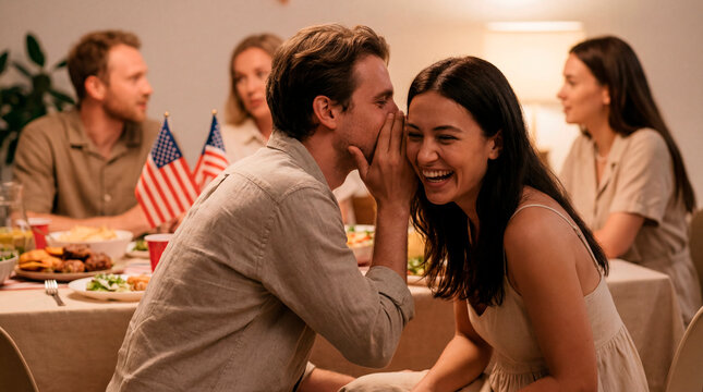 Couple sharing a secret at a 4th of July family dinner indoors