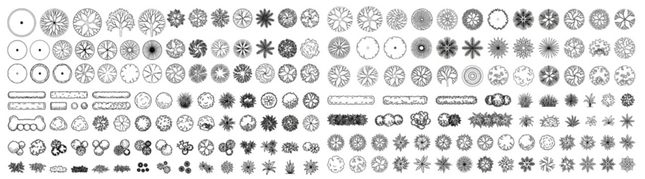 Top View Architectural Tree and Shrub CAD Block Vector Outline Set