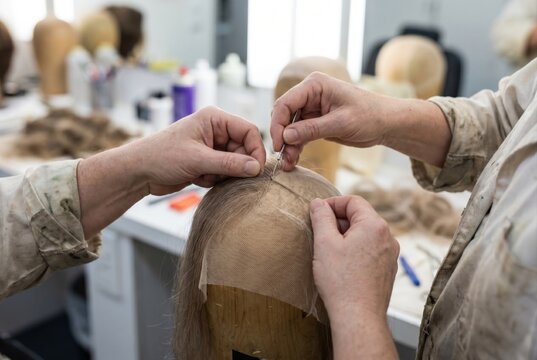 Artisans meticulously ventilating hair into a lace wig cap using a small needle tool