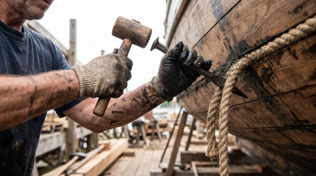 Shipwright caulking the wooden seams of a boat hull using oakum and a mallet