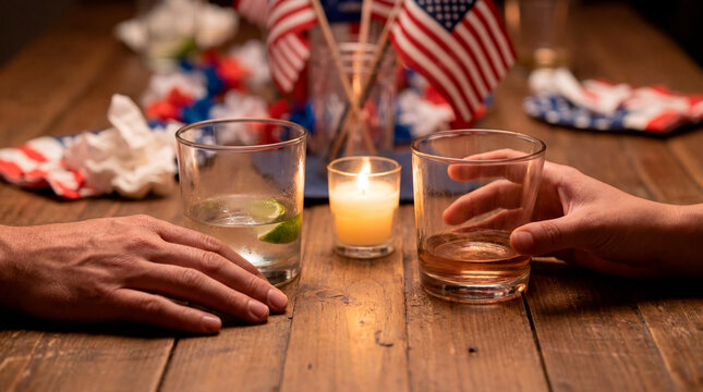 Hands reaching toward drinks beside American flags on the 4th of July