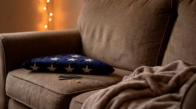 Folded American star flag resting on a couch after the 4th of July
