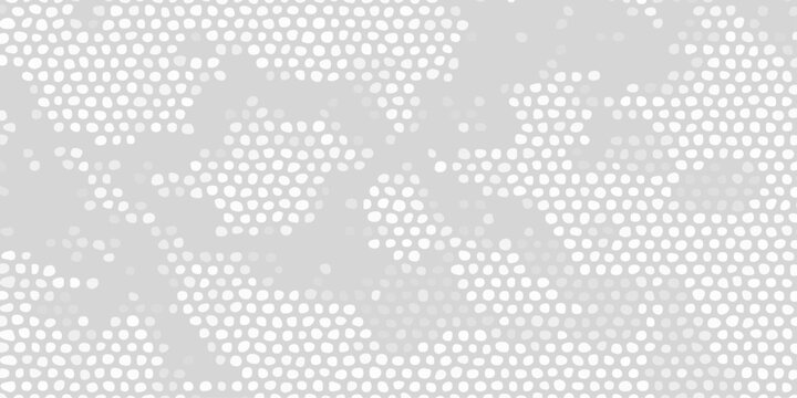 Abstract white and gray halftone camouflage pattern, minimal dot texture background for modern graphic design banners.