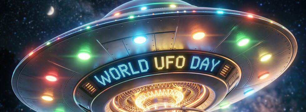 Flying saucer with blinking lights and electronic display text for World UFO Day. Alien spacecraft hovering in deep night sky at space. Banner with copy space