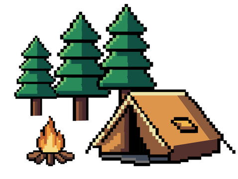 Pixel camping tent with campfire and fir-tree retro 8-bit Vector Graphic design
