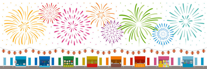 祭をイメージした花火と屋台と提灯の横長のイメージイラスト © yugashi