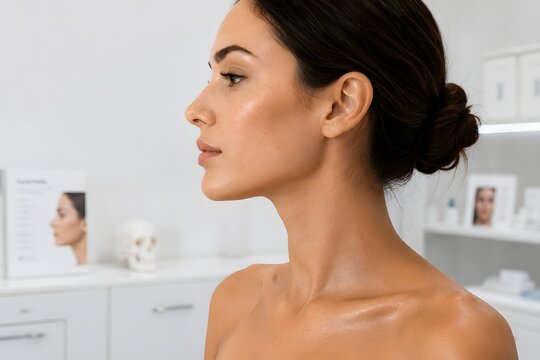 Professional aesthetic medicine portrait showing female facial side profile with emphasis on nose shape, jawline and clavicle proportions. Clean dermatology clinic aesthetic